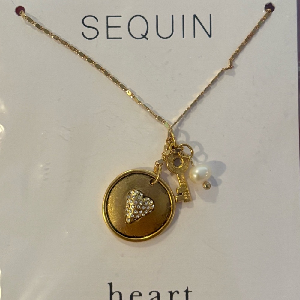 Sequin charm necklace, Pave heart with key and pearl. Great for Valentine’s.
